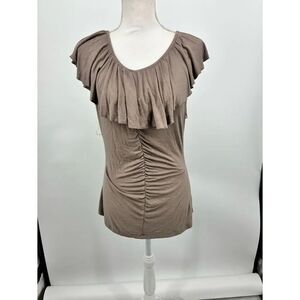 Kenar Taupe Ruffle Neck Ruched Top or off shoulder